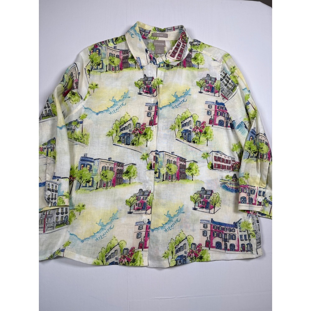 Chicos No Iron 100% Linen Coastal Town Print Button Down Shirt Multicolor Size 0